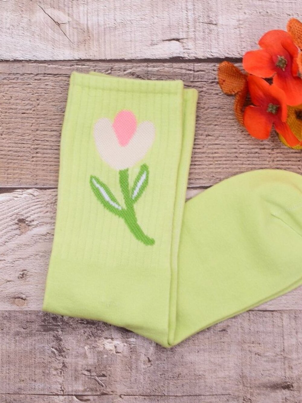 Minimal Garden Womens Flower Socks Pink on Green Gift Packaged
